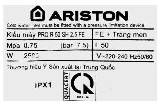 Máy nước nóng gián tiếp Ariston 50 lít PRO R 50 SH / V 2.5 FE