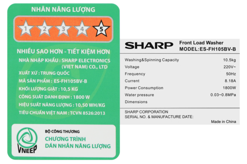 Máy giặt Sharp Inverter 10.5 kg ES-FH105BV-B