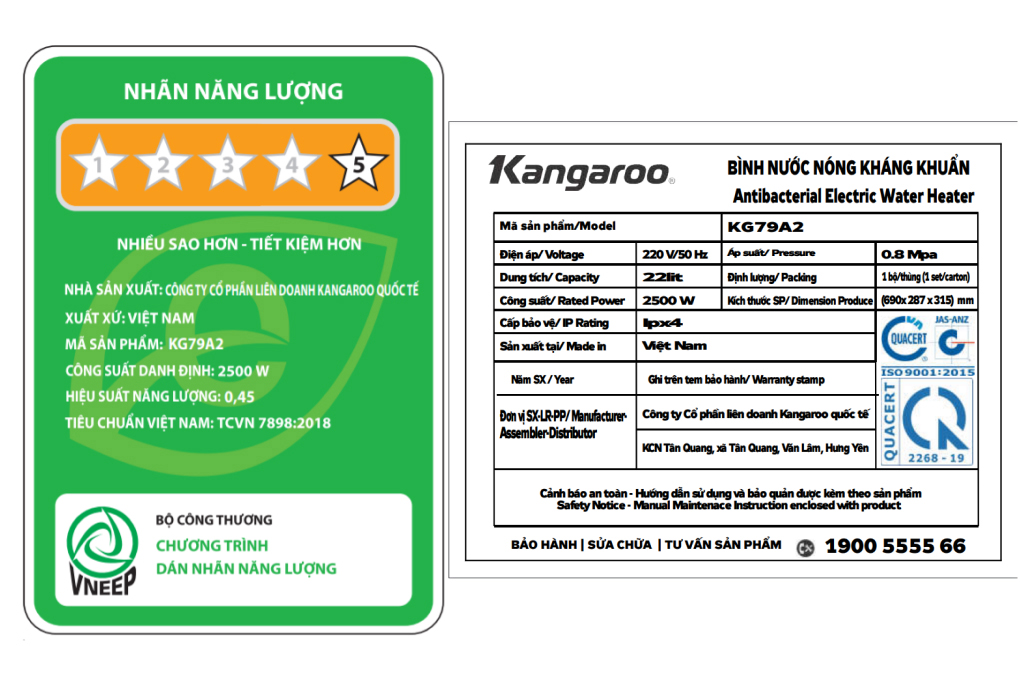 Máy nước nóng gián tiếp Kangaroo 22 lít 2500W KG79A2