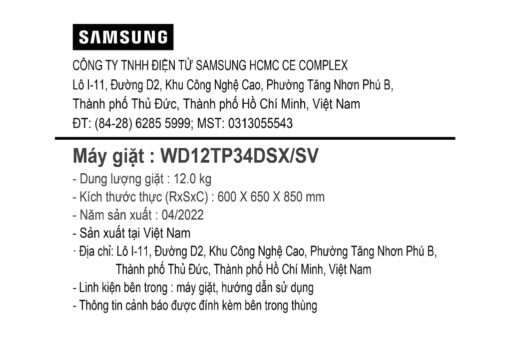 Máy giặt sấy Samsung Inverter giặt 12 kg - sấy 8 kg WD12TP34DSX/SV
