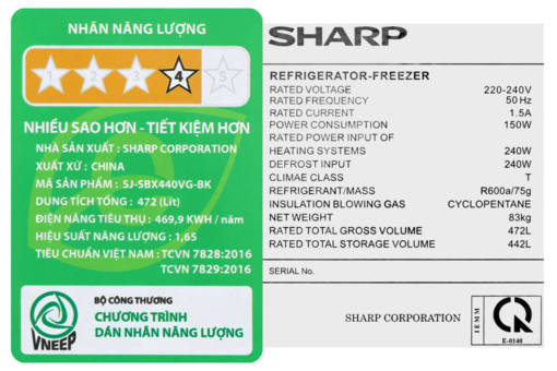 Tủ lạnh Sharp Inverter 442 lít SJ-SBX440VG-BK