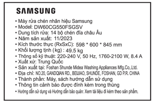 Máy rửa chén độc lập Samsung DW60CG550FSGSV