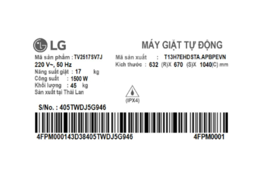 Máy giặt LG AI DD Inverter 17 kg TV2517SV7J