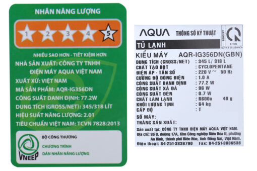 Tủ lạnh Aqua Inverter 318 lít AQR-IG356DN GBN