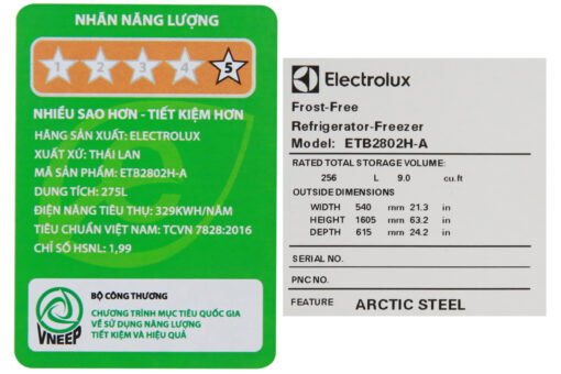 Tủ lạnh Electrolux Inverter 255 lít ETB2802H-A