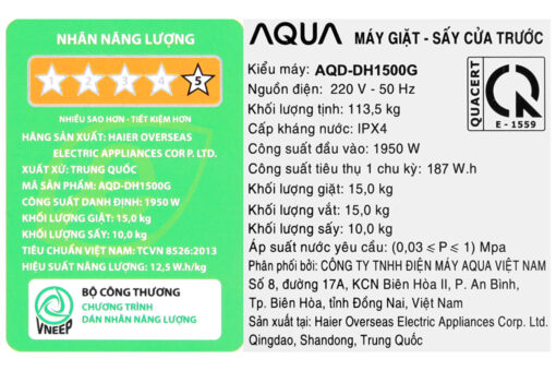 Máy giặt sấy Aqua Inverter 15 Kg AQD-DH1500G.PP