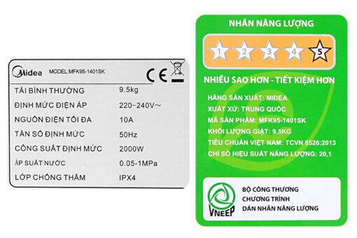 Máy giặt Midea Inverter 9.5 Kg MFK95-1401SK Mới 2020