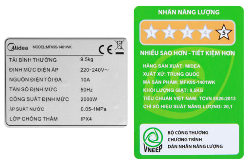 Máy giặt Midea Inverter 9.5 Kg MFK95-1401WK Mới 2020