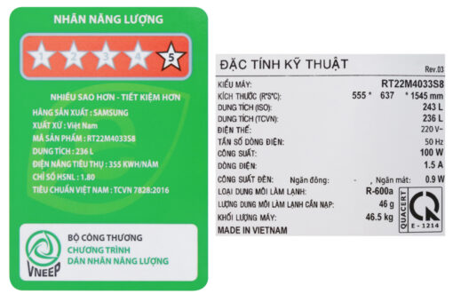 Tủ lạnh Samsung Inverter 236 lít RT22M4033S8/SV