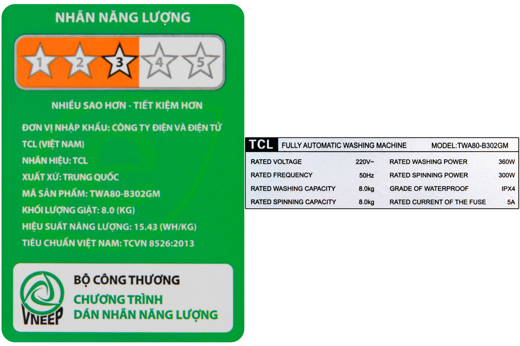 Máy giặt TCL 8 Kg TWA80-B302GM
