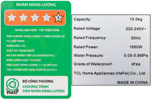 Máy giặt TCL Inverter 10 Kg TWF100-M14303DA03