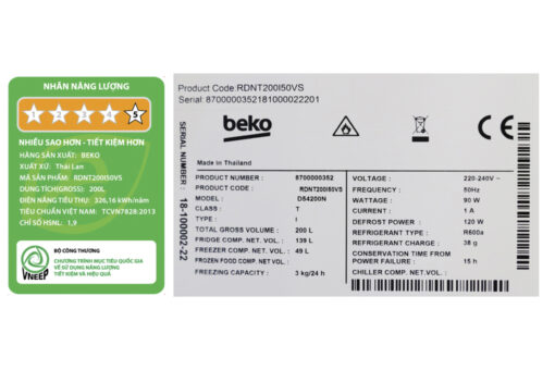 Tủ lạnh Beko Inverter 188 lít RDNT200I50VS