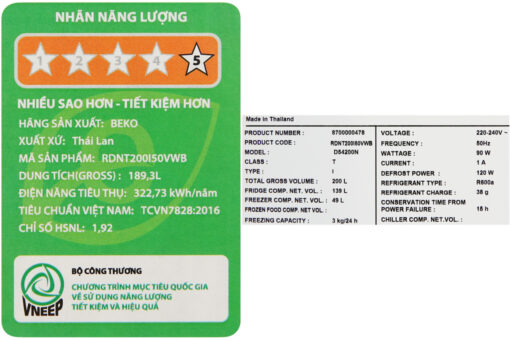 Tủ lạnh Beko Inverter 188 lít RDNT200I50VWB