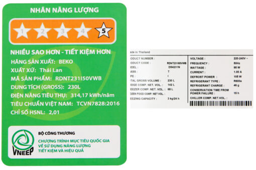 Tủ lạnh Beko Inverter 210 lít RDNT231I50VWB