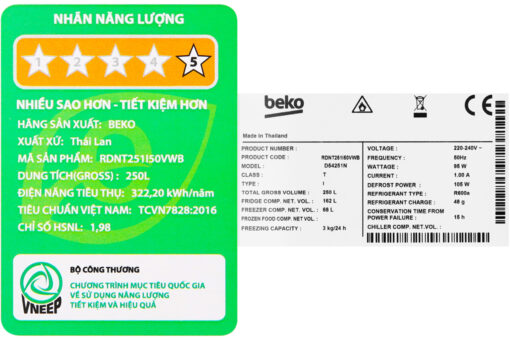 Tủ lạnh Beko Inverter 230 lít RDNT251I50VWB