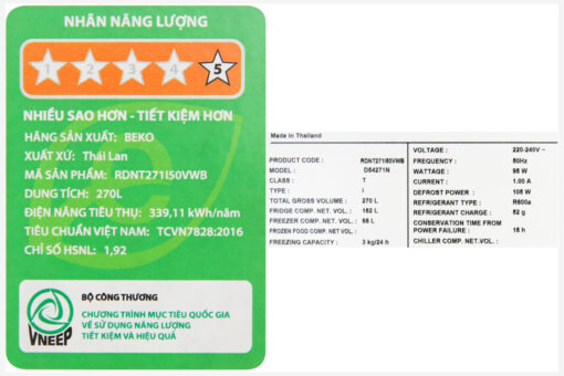 Tủ lạnh Beko Inverter 250 lít RDNT271I50VWB