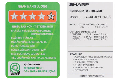 Tủ lạnh Sharp Inverter 364 lít SJ-XP405PG-BK
