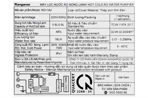 Máy lọc nước RO nóng nguội lạnh 11 lõi Hydrogen Kangaroo KG11A2