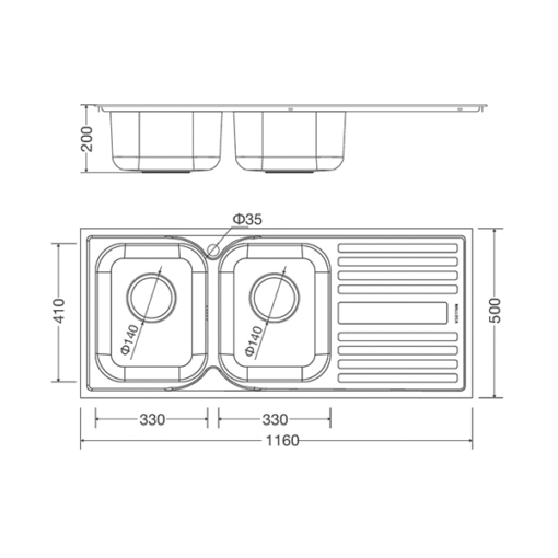 Chậu rửa Inox 2 hố Malloca 116cm MS 1025R NEW bàn chờ phải