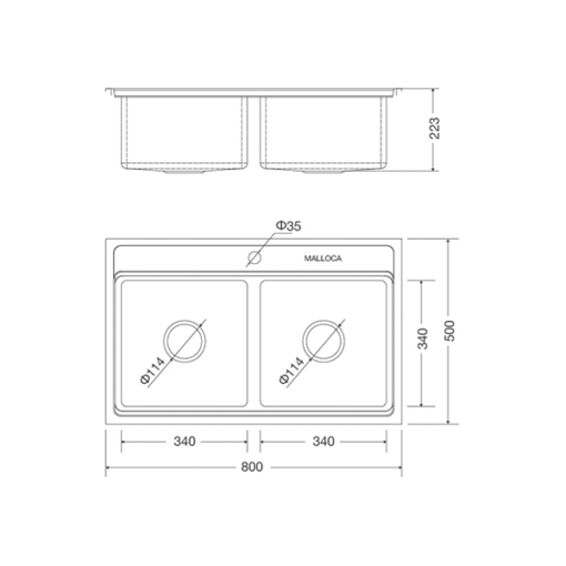 Chậu rửa 2 hố Malloca Inox 80cm MS 8812