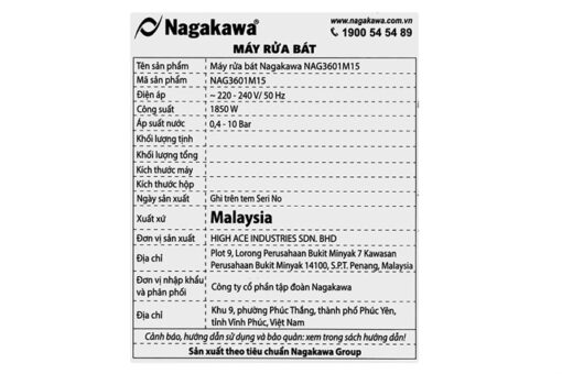 Máy rửa bát độc lập 15 bộ Nagakawa NAG3601M15