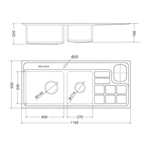 Chậu rửa Inox 2 hố Malloca 115cm MS 8817 N bàn chờ phải