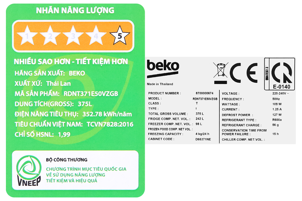 Tủ lạnh Beko Inverter 340 lít RDNT371I50VGB