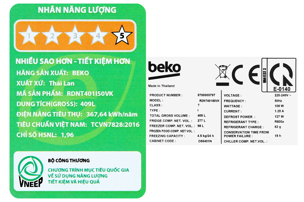 Tủ lạnh Beko Inverter 375 lít RDNT401I50VK