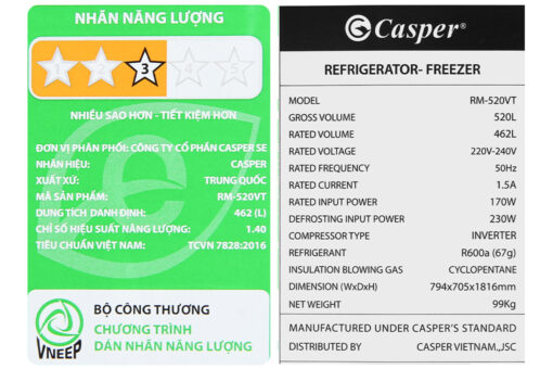 Tủ lạnh Casper Inverter 462 lít Multi Door RS-520VT