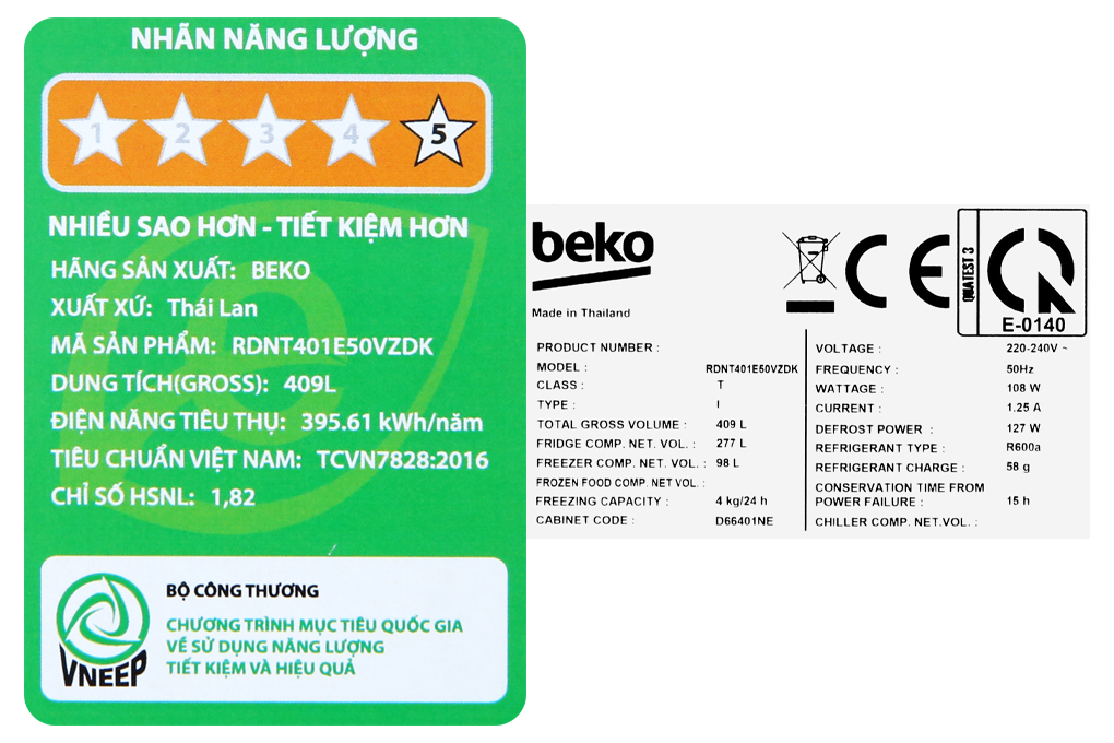 Tủ lạnh Beko Inverter 375 lít RDNT401I50VDS