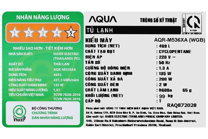 Tủ lạnh Aqua Inverter 469 lít Multi Door AQR-M536XA(WGB)