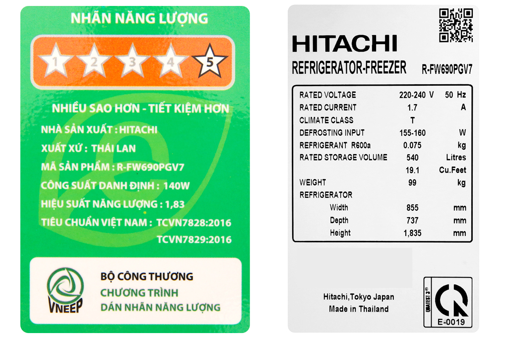 Tủ lạnh Hitachi Inverter 540 lít R-FW690PGV7 GBW