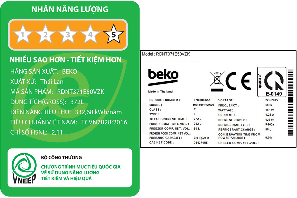 Tủ lạnh Beko Inverter 340 lít RDNT371E50VZK