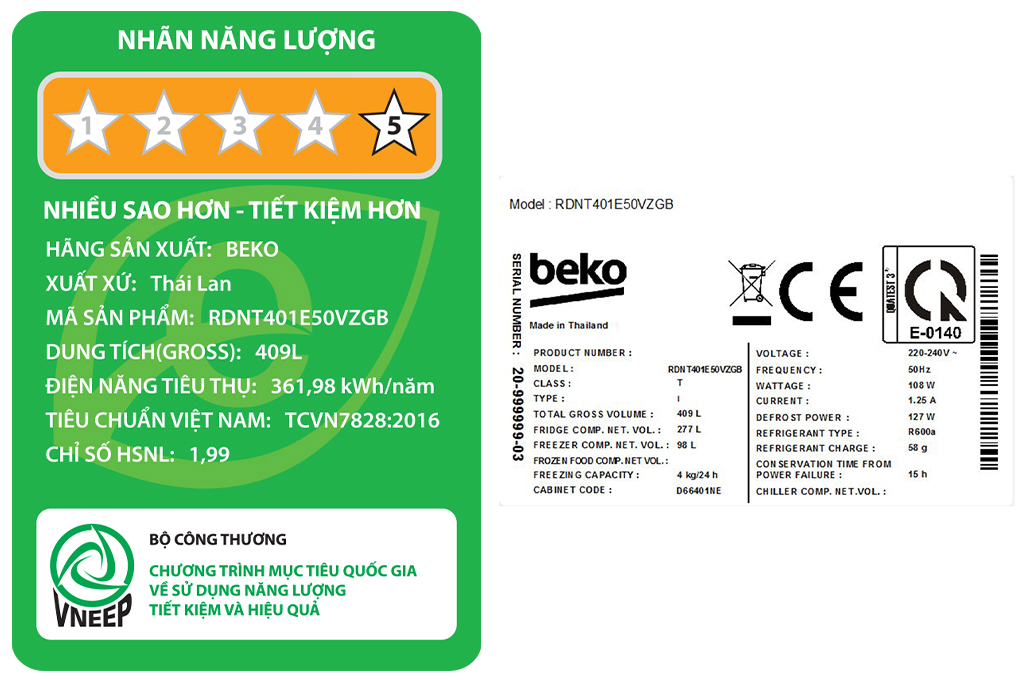 Tủ lạnh Beko Inverter 375 lít RDNT401E50VZGB