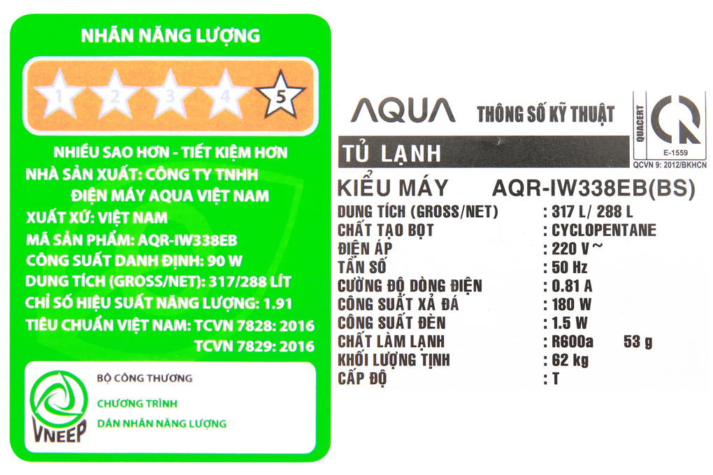 Tủ lạnh Aqua Inverter 288 lít AQR-IW338EB BS