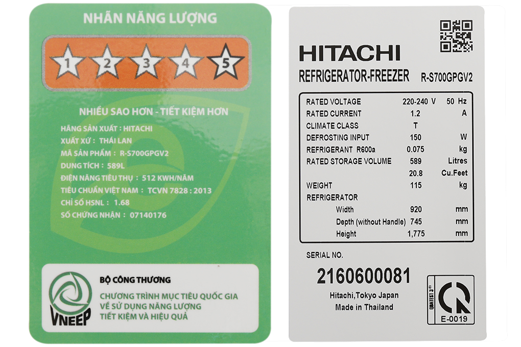 Tủ lạnh Hitachi Inverter 589 lít R-S700GPGV2 GS