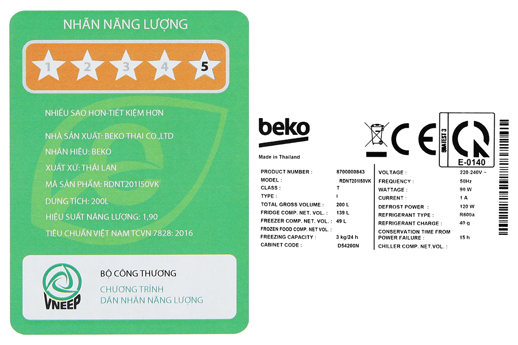 Tủ lạnh Beko Inverter 189 lít RDNT201I50VK