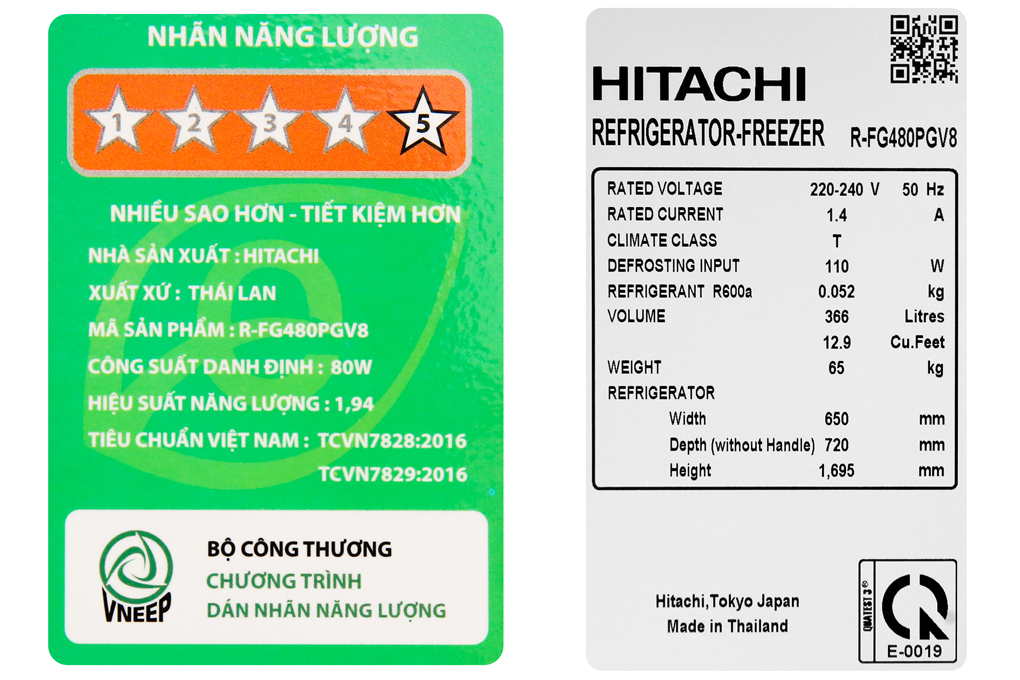 Tủ lạnh Hitachi Inverter 366 lít R-FG480PGV8 GBK