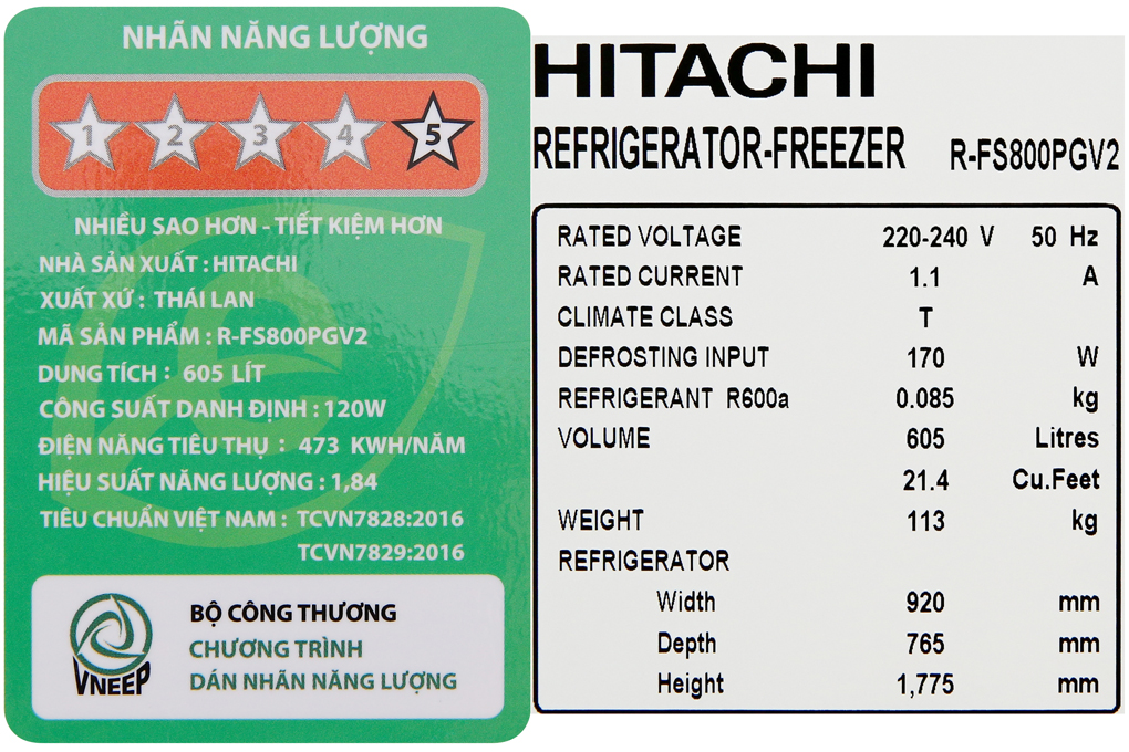 Tủ lạnh Hitachi Inverter 605 lít R-FS800PGV2 GBK