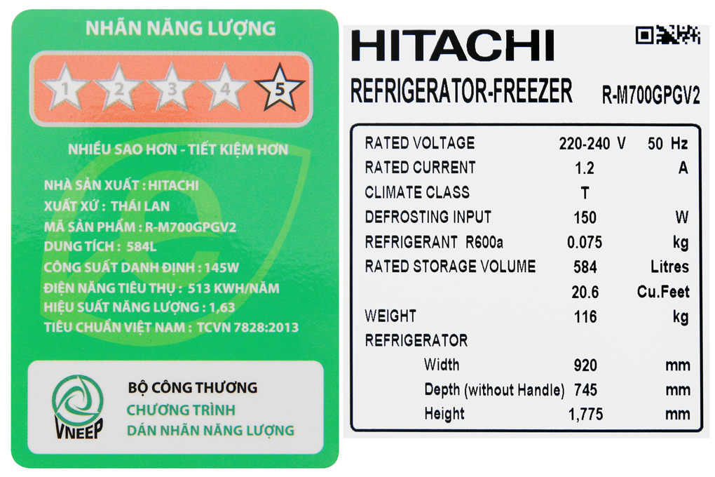 Tủ lạnh Hitachi Inverter 584 lít R-M700GPGV2 GS