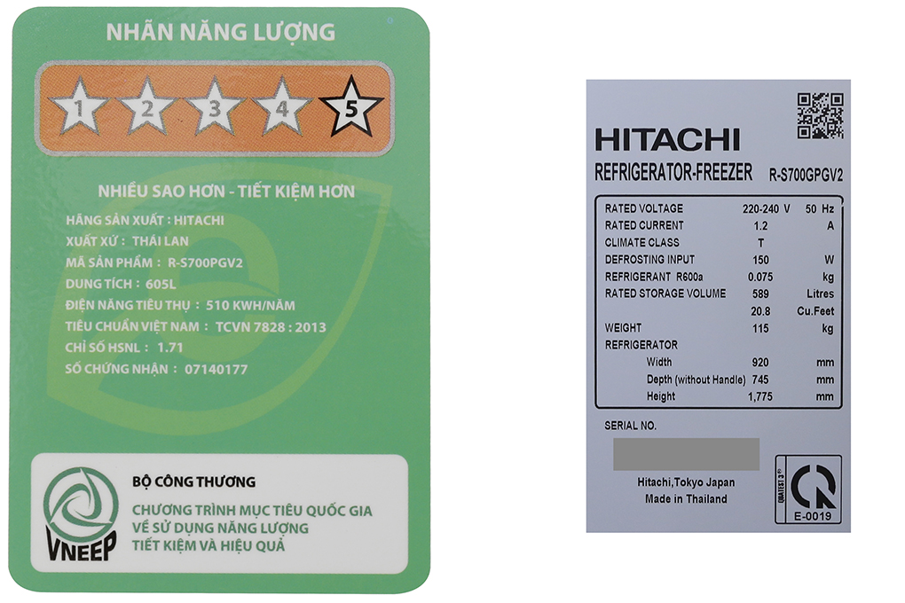 Tủ lạnh Hitachi Inverter 605 lít R-S700PGV2 GS