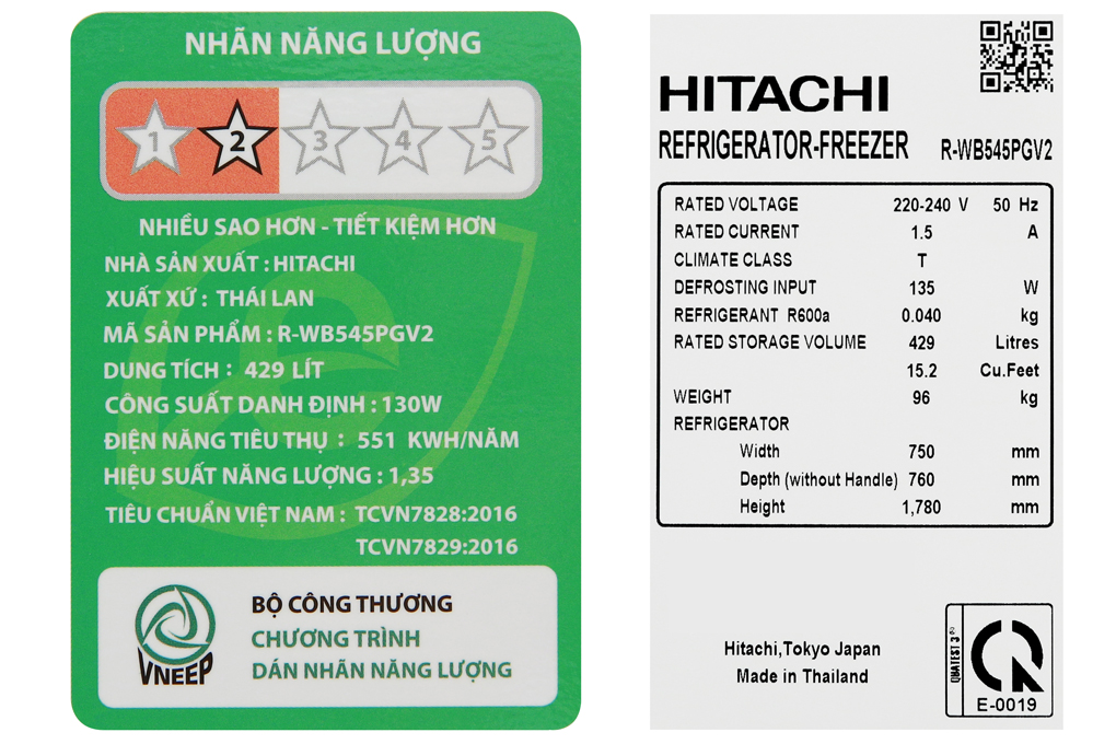 Tủ lạnh Hitachi Inverter 429 lít R-FWB545PGV2 GBW