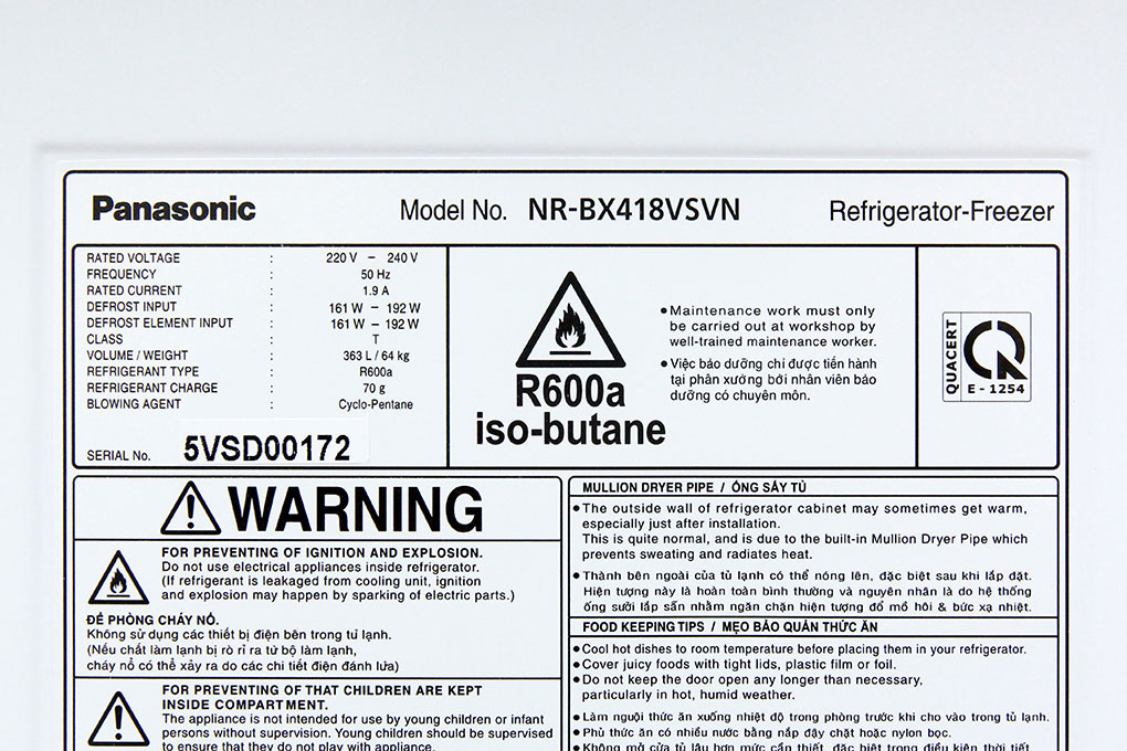 Tủ lạnh Panasonic Inverter 363 lít NR-BX418VSVN